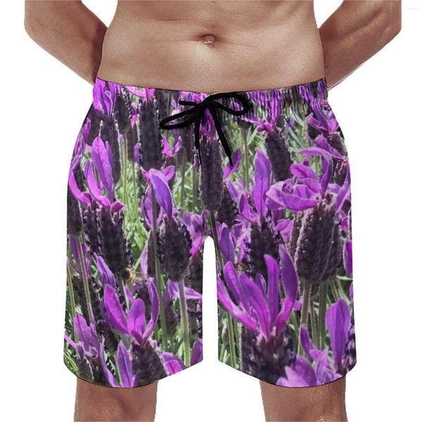 Shorts masculinos placa de verão linda lavanda surf flores roxas imprimir calças curtas personalizadas moda troncos de natação de secagem rápida