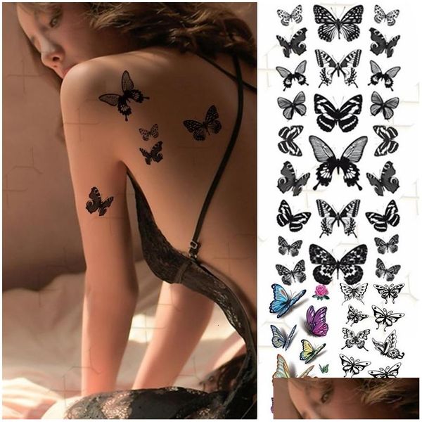 Tatuagens temporárias impermeável tatuagem adesivo 3d borboleta falso tatto flash cobra pena tatoo arte corporal rosetatouage para menina mulheres homens otynq