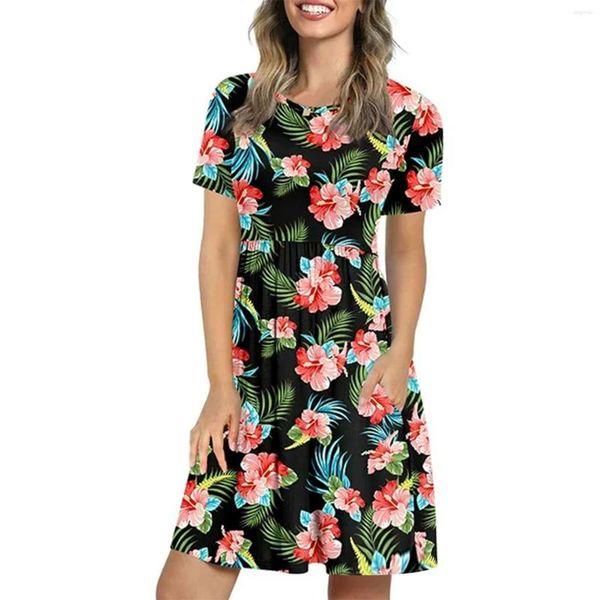 Vestidos casuais mulheres manga curta simples simples camiseta vestido solto balanço plissado com bonito para o inverno