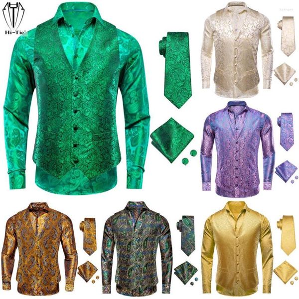 Мужские жилеты Hi-Tie, зеленая шелковая мужская рубашка, жилет, галстук, носовой платок, запонка, тканая мужская блузка с цветочным принтом пейсли, жилет, свадебная вечеринка, бизнес-оверсайз