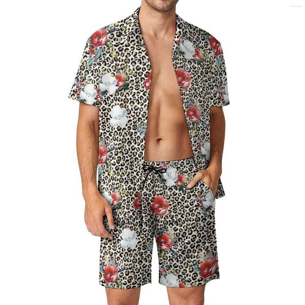 Tute da uomo Set da uomo leopardati floreali Fiore rosso e bianco Set di camicie casual Hawaii a maniche corte Pantaloncini design per vacanze estive Plus