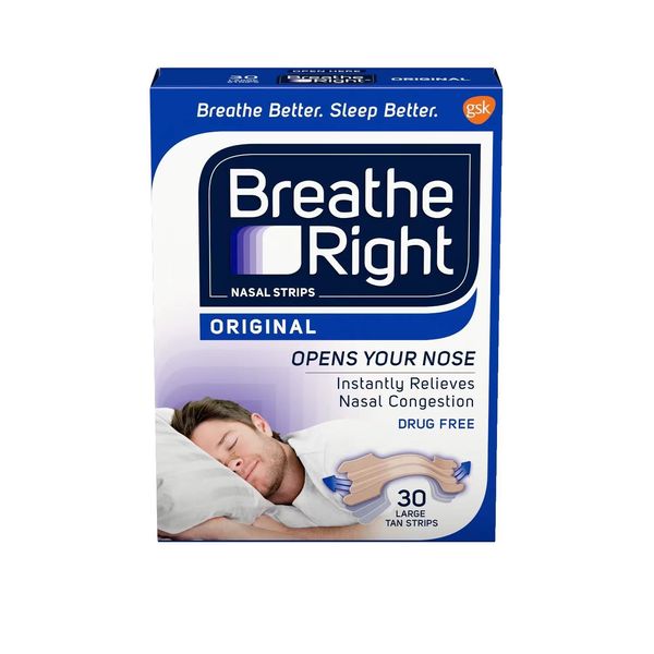 Breathe Right Tiras de nariz originais para reduzir o ronco e aliviar a congestão nasal, bronzeado, contagem de 30