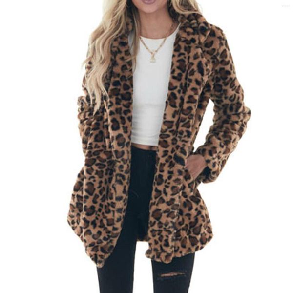 Jaquetas femininas bolso falso fuzzy outono inverno para mulheres outwear casaco longo leopardo impressão jaqueta fur' manga veste femme