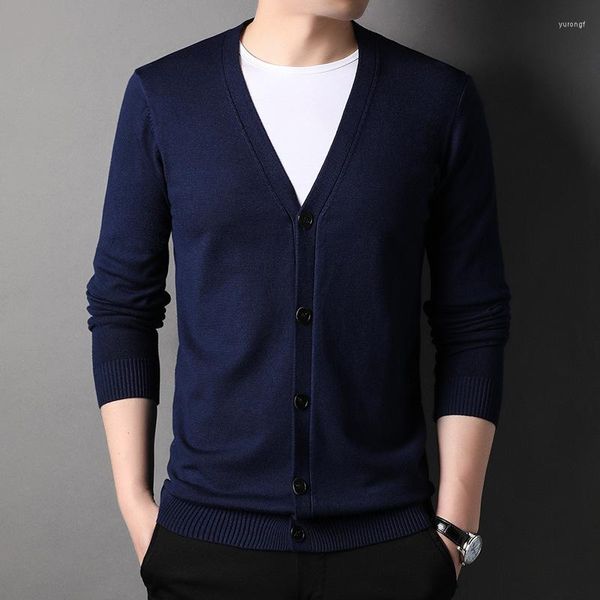 Suéteres masculinos 2023 outono e inverno sólido decote em v manga comprida pulôver de malha cardigan suéter moda casual commuter formal casaco tops