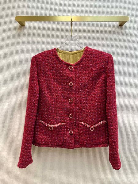 Damen Wollmischungen Herbst Rot Kariertes Muster Tweed Jacke Frauen O-Ausschnitt Goldknöpfe Ketten Taschen Vintage Süßer Mantel 230905