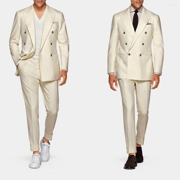 Ternos masculinos moda sob medida 2 peças blazer calças duplo breasted casamento pico lapela cetim luxo feito sob encomenda mais tamanho