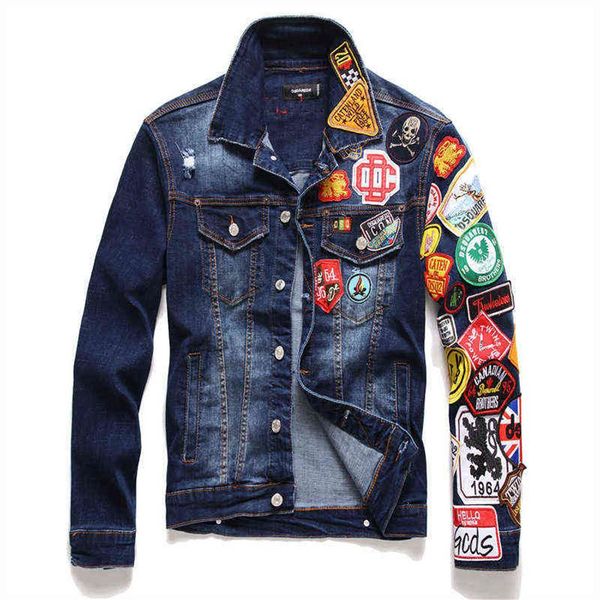 2022 marca dos homens denim jaquetas moda casual fino rasgado emblema jean casacos rua hip hop punk azul d2 denim coats212k