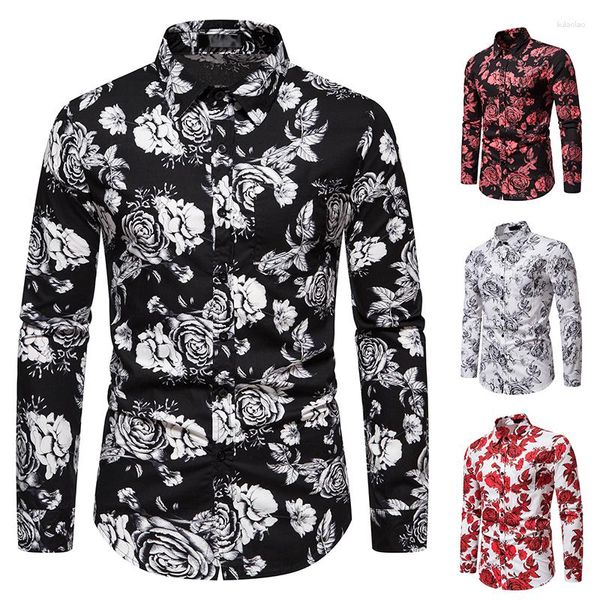 Camicie casual da uomo 2023 Camicia a maniche lunghe con stampa rosa autunnale