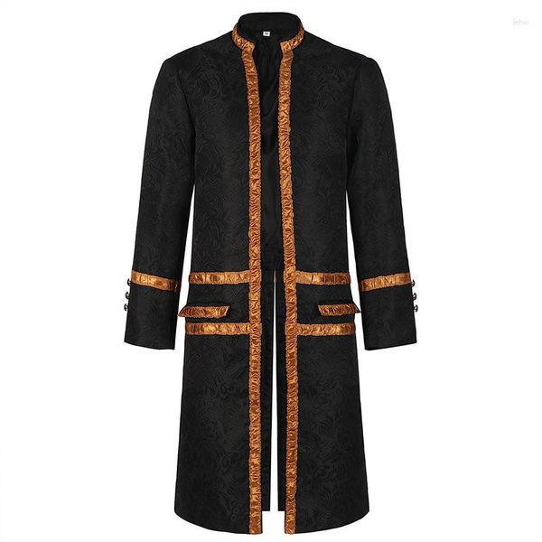 Casacos de Trench Masculinos Medieval Homens Jaqueta Preta Jacquard Windbreaker Steampunk Gótico Longo Golden Trim Casaco Victorian Halloween Cosplay Traje