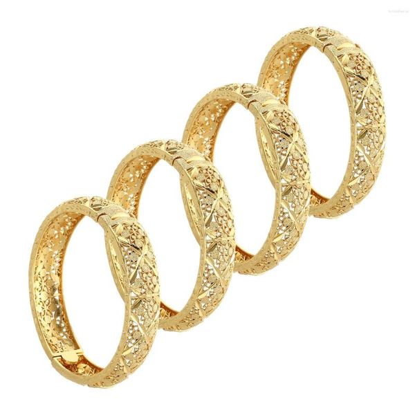 Bangle 4 pcs Etíope Africano Dubai 15mm Flor de Ouro Openable Bangles para Mulheres Homens Meninas Feminino Jóias de Casamento