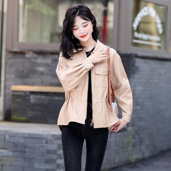 Jaquetas de couro femininas para outono inverno jaqueta curta cordão casacos de pele de carneiro coreano ajuste moda casaco chaquet2023