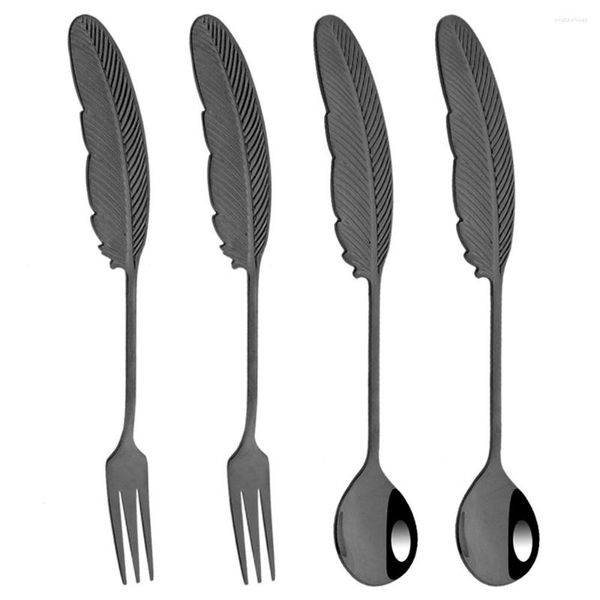 Yemek takımı setleri 4pcs 304 paslanmaz çelik yaratıcı tüy çatal tatlı kek meyve frok çocuk mini batı mutfak çatal bıçak takımı seti