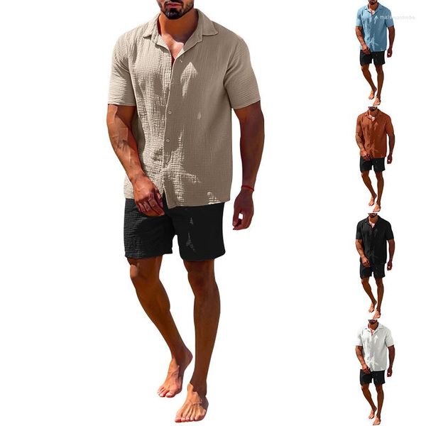 Männer Trainingsanzüge Strand Sommer Trend Baumwolle Leinen Hemd Einfarbig Kurzarm Casual Cardigan Shorts Anzug