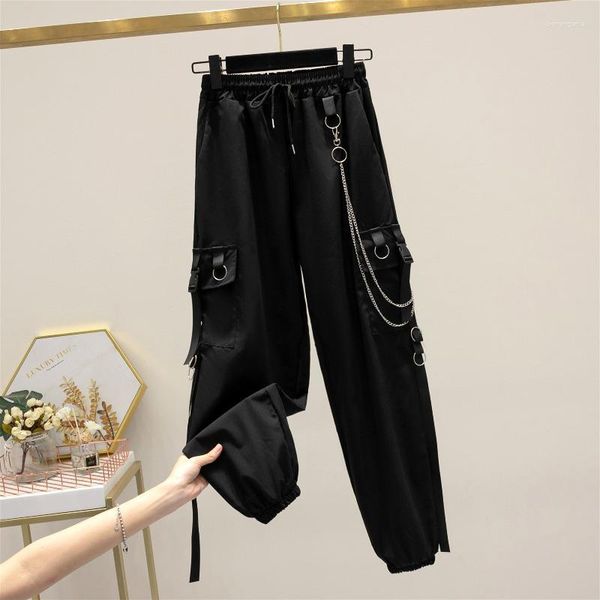 Женские брюки, летние модные женские брюки-карго с эластичной цепочкой и высокой талией, черная прямая уличная одежда в стиле Харадзюку, Tide RAINBOWWAVES