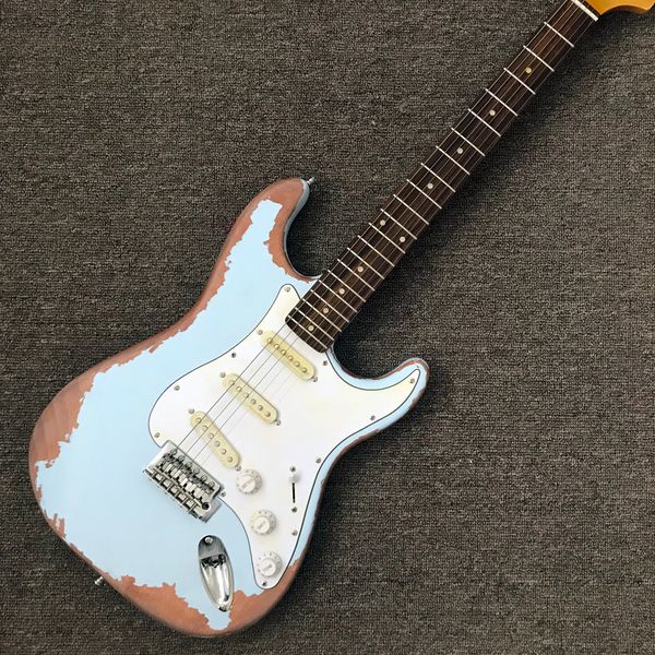 Loja personalizada, feita na China, ST, guitarra elétrica de alta qualidade, imitação antiga, adaptadorização de 3 peças, hardware cromado, envio grátis como a mesma das fotos