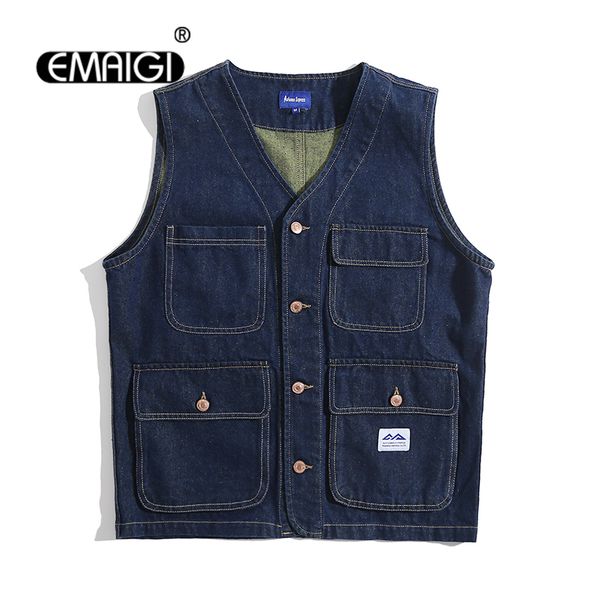 Coletes masculinos múltiplos bolsos japonês denim colete ferramental jaqueta homens harajuku streetwear moda solta casual jeans casaco homem colete 230905