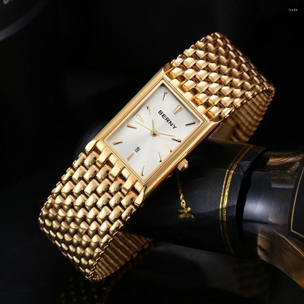 Armbanduhren BERNY Männer Quarzuhr Japan MIYOTA Edelstahl Goldene Luxus herren Armbanduhr Wasserdicht 3ATM Gold Kette Für