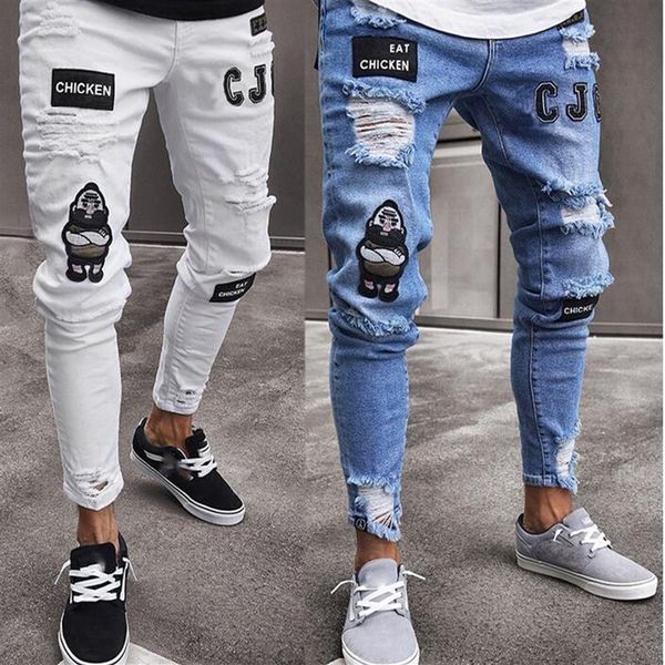 Eua popular comer frango azul branco homens magros lápis jeans punk streetwear hiphop fino rasgado buraco crachá calças compridas calças275s