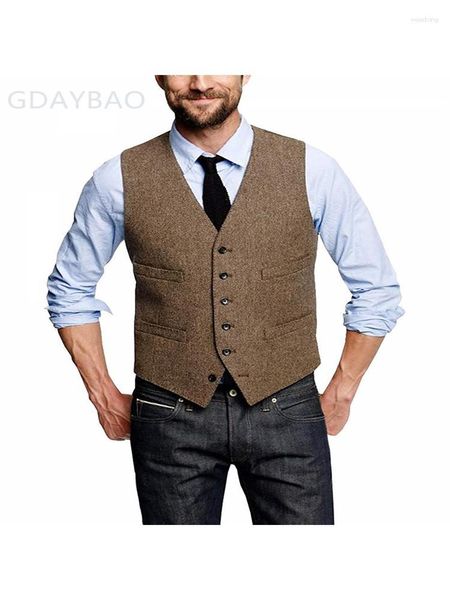 Gilet da uomo Gilet da uomo Gilet da sposa marrone Lana a spina di pesce Tweed Gilet da lavoro Giacca casual Slim Fit per Groosmen Uomo