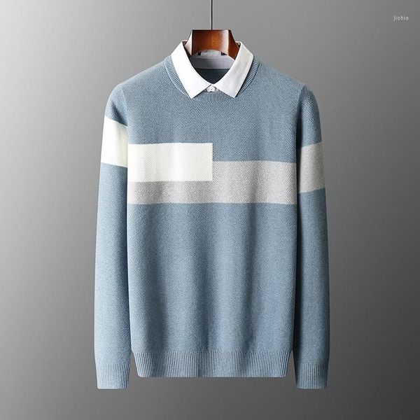 Suéteres masculinos outono em torno do pescoço de malha pullovers estilo preppy cor combinando macio inteligente casual malha camisola de lã fina azul z352