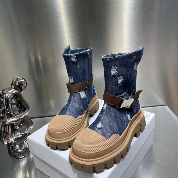 Botas início do outono tubo de fumaça denim tecido grosso altura de fundo aumentando mulheres sapatos bombas plataforma tornozelo 230905