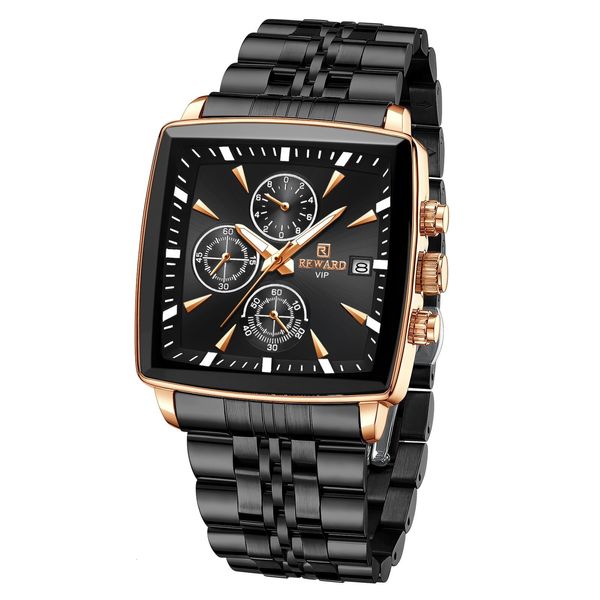Wristwatches REWARD Mens Wrist Watch Fashion Square Dial Analog Quartz Chronograph Luminous Waterproof Date Stainless Steel Watches for Men 230905