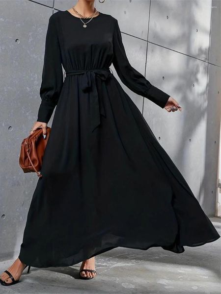 Roupas étnicas Elegante Eid Abaya Mulheres Muçulmanas Vestido Preto Manga Longa Simples Robe com Cinto Casual Moda Senhora Slim Kaftans para Dubai