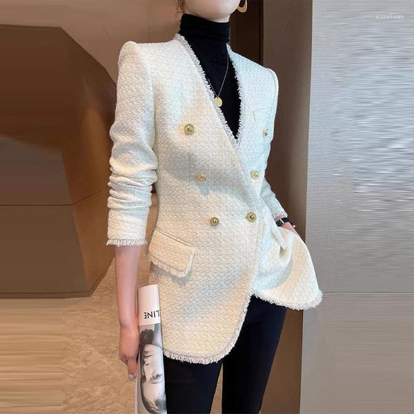 Женские куртки, модный двубортный твидовый пиджак, женское французское белое пальто с длинным рукавом, офисная женская элегантная лоскутная куртка с кисточками