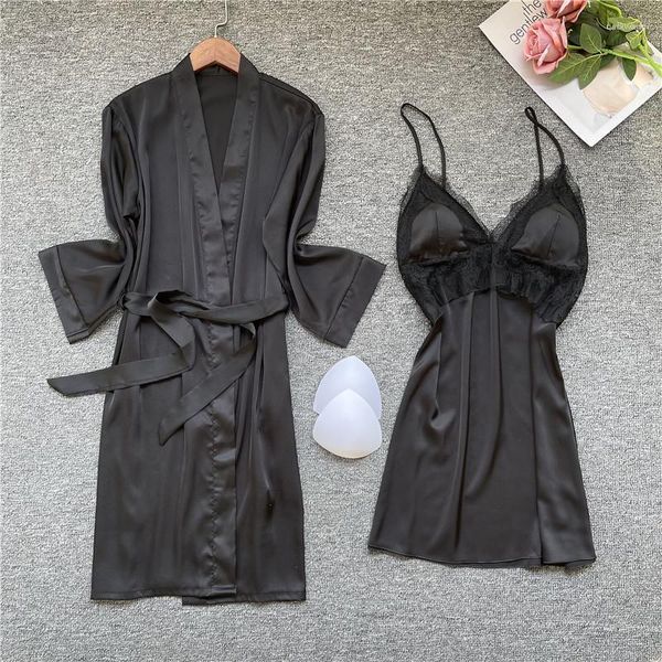 Mulheres Sleepwear Mulheres Cetim Robe Set Sexy Lace Kimono Vestido V-Pescoço NightyRobe Feminino Silky Sleep Soft Home Dressing