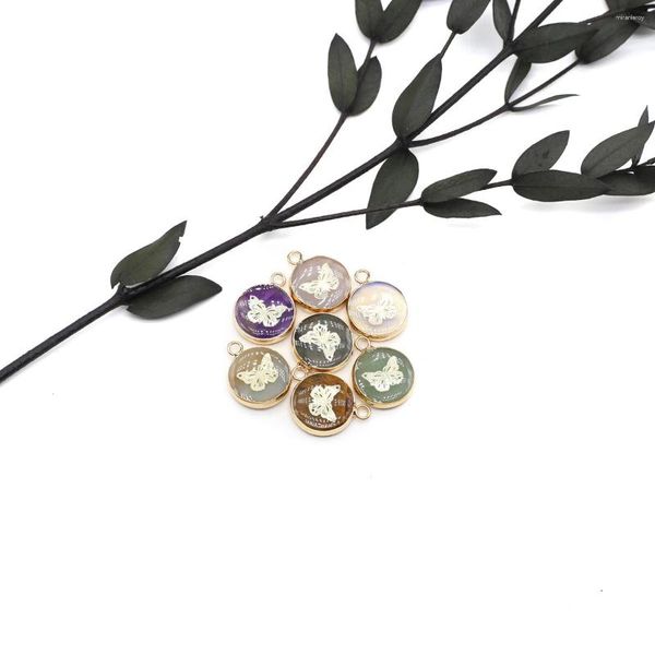 Pingente colares forma redonda cura cristal pedra pingentes ágata encantos com padrão de borboleta para fazer jóias colar presente