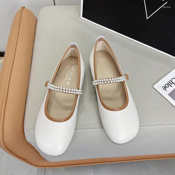 Sapatos de vestido Mulheres Flats Branco Pérolas de Casamento Mary Jane para Feminino Barco String Bead Doce Senhoras Sapato Primavera Outono