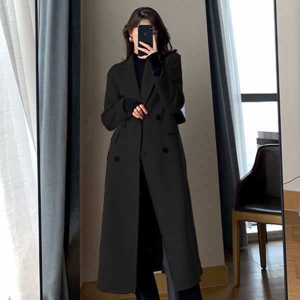 Damen Wollmischungen Mode Winter Trenchcoat Für Frauen Elegante Koreanische Casual Zweireiher Lange Jacke Schwarz Büro Dame Lose Outwear 230905