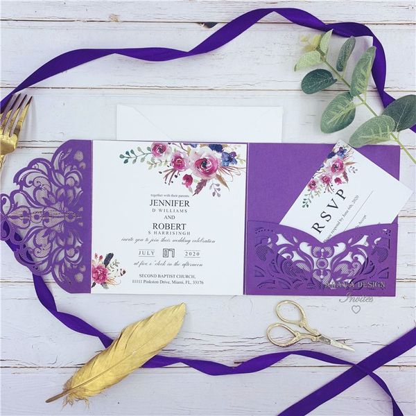 Convites de casamento clássicos outono magenta tons de roxo floral bolso corte a laser convites com envelope ZZ