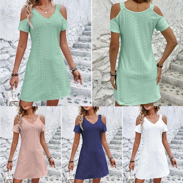 Casual Dresses Damen Schulterfrei Urlaubskleid Spitze Minikleid Freizeitkleid Sundress Vacation Dress Beach Mini Summer Lace Off Shoulder