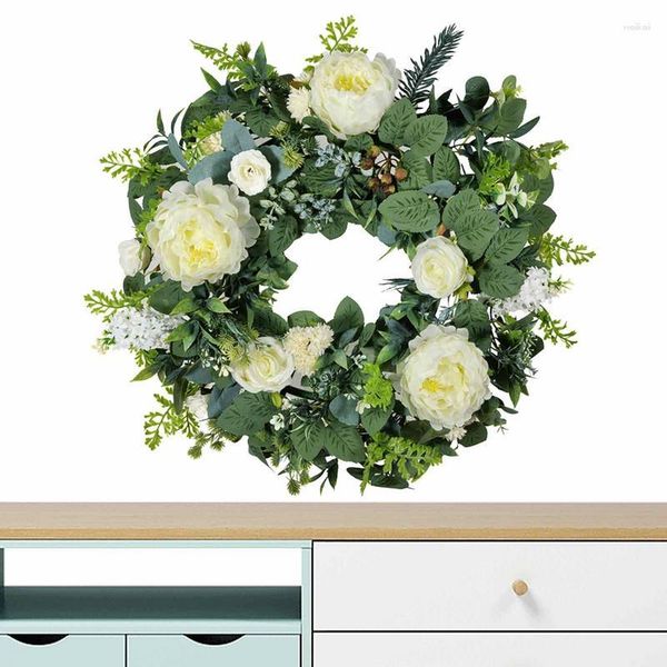 Flores decorativas primavera grinalda artificial peônia flor com ramos verdes branco pendurado decorações grinaldas de boas-vindas para a porta da frente