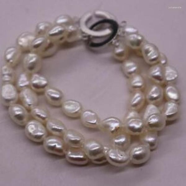 Link Pulseiras 3 fileiras Natural Raro Branco 8-9mm Barroco Pulseira de Pérolas de Água Doce