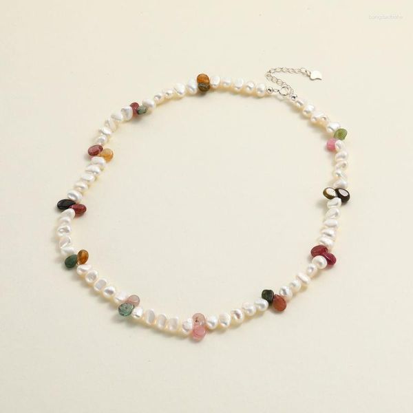 Ketten S925 Silber 5-6mm Süßwasser Barockperle Facettierte Turmalin Halskette Mehrfarbige Edelsteine Natursteine Perlen für Frauen Mädchen