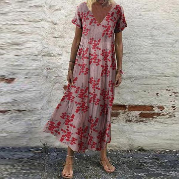 Sıradan elbiseler yaz kadın sundress bohemian çiçek baskısı plaj maxi elbise vintage v boyun kısa kolu büyük boy kaftan vestido