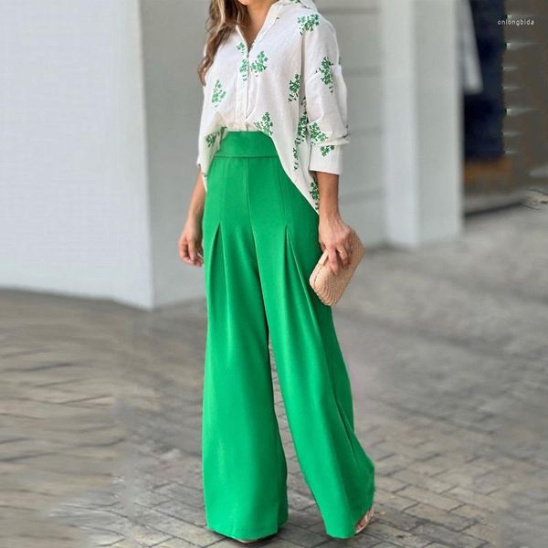 Pijamas femininos primavera verão 2023 verde duas peças conjunto impressão blusa calças compridas terno pernas largas calças streetwear manga casual