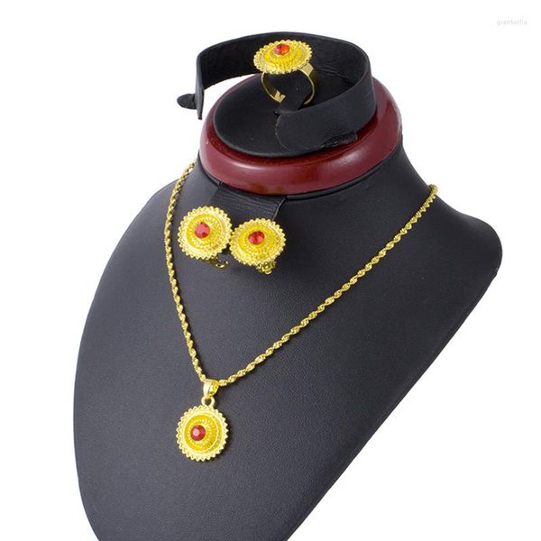 Collana orecchini set colore oro Dubai ragazze africane gioielli da sposa etiope per donne Habesha orecchini anello regali