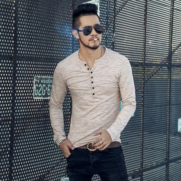 Camisas masculinas 2023 marca confortável aberto carcela slub base de seda casaco manga longa magro camiseta topos para homem masculino tshirt