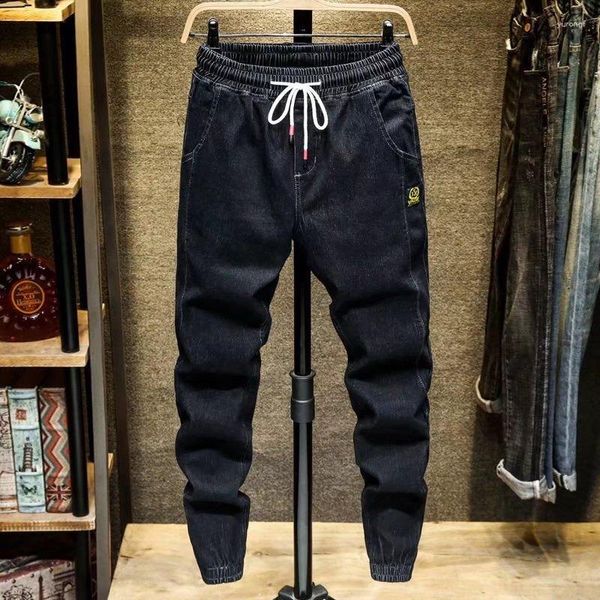 Jeans masculinos 2023 inverno fino ajuste negócios moda denim calças estiramento marca calças preto azul