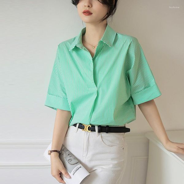 Blusas femininas clássico lapela colarinho listras verdes impresso blusa feminina 2023 verão escritório senhoras manga curta magro casual commute camisa