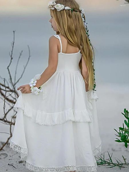 Abiti da ragazza in chiffon senza maniche a fiori bianchi con abiti da prima comunione in pizzo da spiaggia
