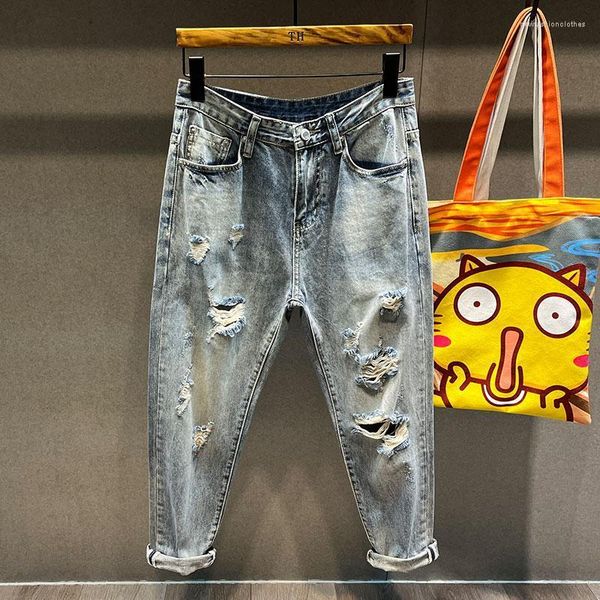 Jeans da uomo Pantaloni sottili estivi Pantaloni da mendicante strappati a nove punte Harem larghi con gamba piccola strappata