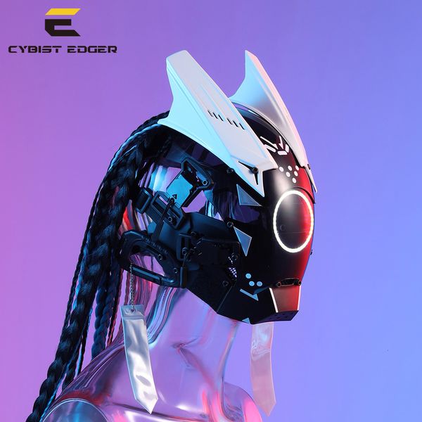 Máscaras de festa Cyber punk máscara LED Lignting guerreiro branco com cabelo soldado de neve cosplay capacete de ficção científica presentes de festa de halloween para homem e mulher 230905