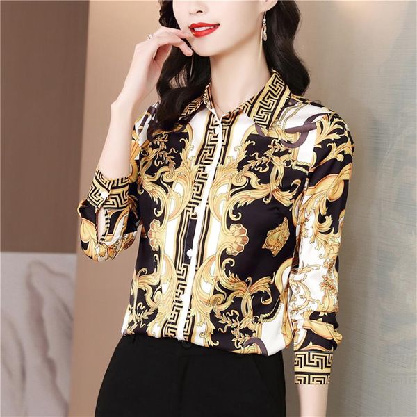 Luxo vintage barroco impressão blusas femininas manga longa lapela botão camisa senhoras do escritório camisas de seda impressão 2022 primavera outono woman235w