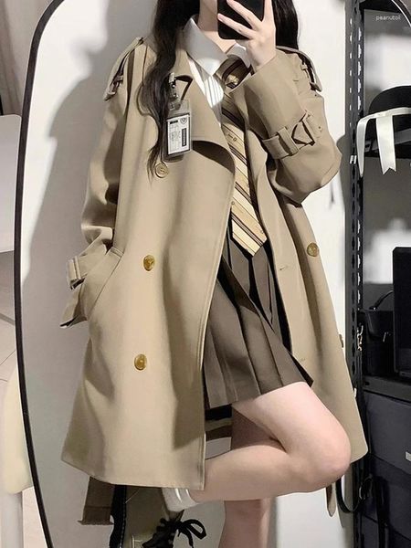 Mulheres Trench Coats Khaki Casaco Mulheres Outono Manga Longa Comprimento Médio Windbreaker Feminino Coreano Moda College Estilo Duplo Breasted