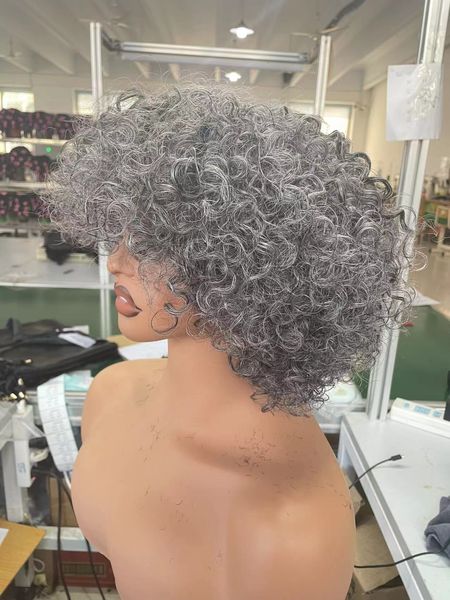 Curto cinza sal e pimenta peruca de cabelo preto branco mistura cinza peruca de cabelo humano para mulheres negras nenhuma peruca de renda natural encaracolado