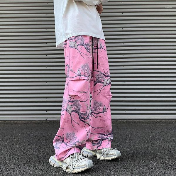 Calças masculinas streetwear high street harem homens jogger rosa sweatpants impressão cintura elástica calças casuais tamanho grande 5xl